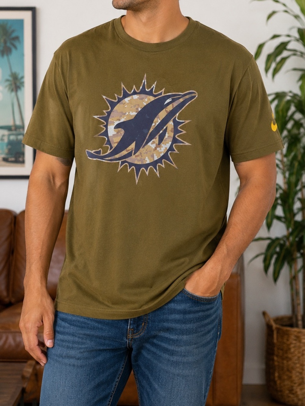 Nike Miami Dolphins NFL Short Sleeve Tee - Olive Brown with Purple Logo LARGE